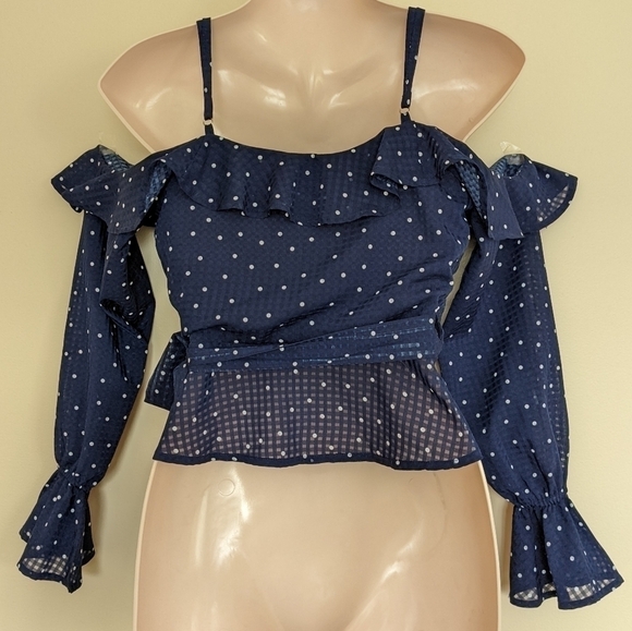 RUNAWAY polka dot blue and white off the cold shoulder ruffled wrap top blouse s - Picture 10 of 16